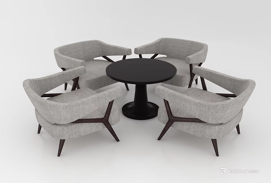 Modern Dining Table Set With Round Black Table And Gray Upholstered Chairs 3d model