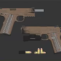 Brown Tactical Pistols With Detailed Grip Magazine And Bullets On Black Surface