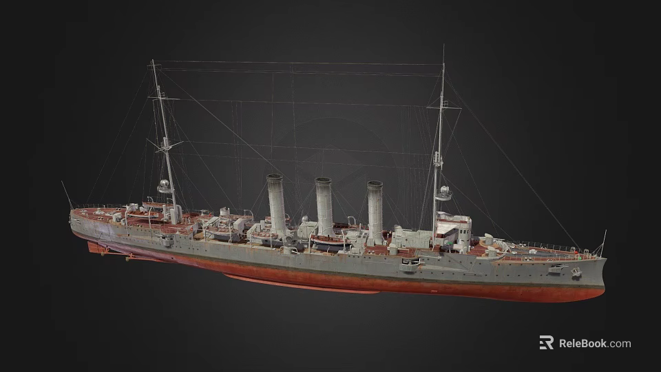 Vintage Warship Featuring Three Smokestacks Gray Red Hull And Masts Structure 3d model 