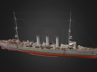 Vintage Warship Featuring Three Smokestacks Gray Red Hull And Masts Structure 3d model
