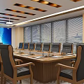 Modern Conference Room With Long Wooden Table Black Chairs Recessed Lighting Large Windows Geometric Carpet