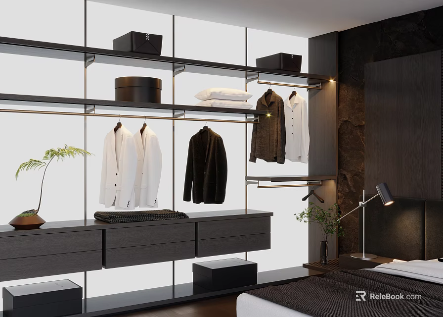 Minimalist Open Frame Wardrobe With Rich Storage Shelves Drawers And Clothes Hanging Space For Bedroom 3d model 
