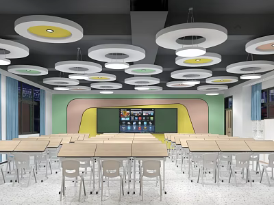 Modern School Classroom Interior With Colorful Walls Circular Pendant Lights And Desks Chairs 3d model