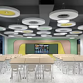 Modern School Classroom Interior With Colorful Walls Circular Pendant Lights And Desks Chairs