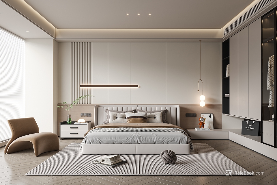 Modern Minimalist Bedroom Interior Design With King Bed Wardrobe Armchair And Neutral Tones Rug 3d model 
