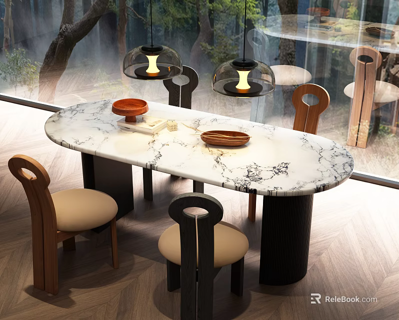 Modern Dining Table Set With Marble Top Stylish Chairs Pendant Lights And Natural View 3d model 