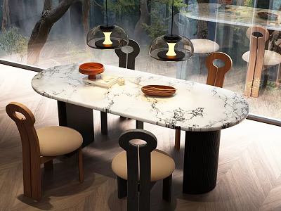 Modern Dining Table Set With Marble Top Stylish Chairs Pendant Lights And Natural View 3d model