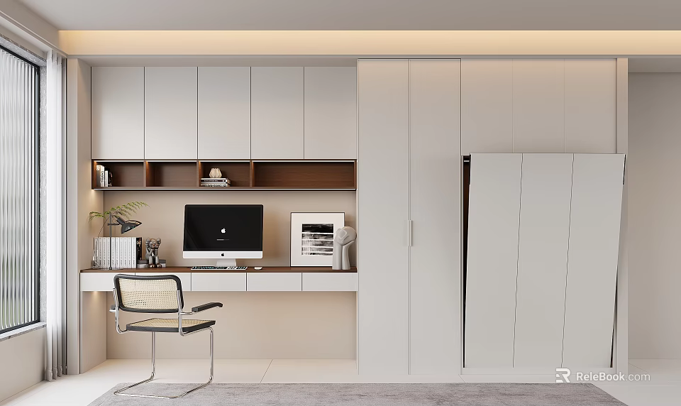 Modern Home Office Desk Setup With White Cabinets Computer Printer And Chair 3d model 