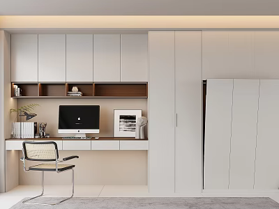 Modern Home Office Desk Setup With White Cabinets Computer Printer And Chair 3d model