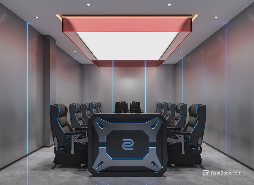 Modern Gaming Internet Cafe With Ergonomic Chairs Large Table And Blue LED Lights 3d model 