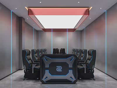 Modern Gaming Internet Cafe With Ergonomic Chairs Large Table And Blue LED Lights 3d model