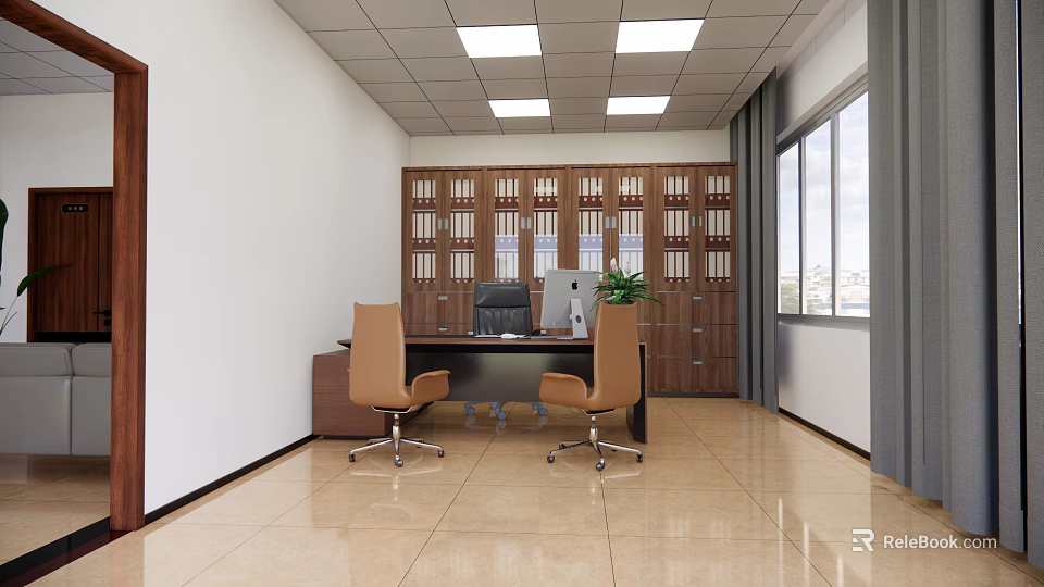 Spacious Office Interior Featuring Desk Computer Plant Two Chairs Wooden Cabinets And Windows 3d model