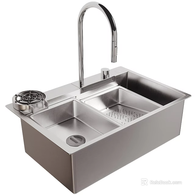 Stainless Steel Double Bowl Kitchen Sink With Faucet And Drainer Accessory 3d model 
