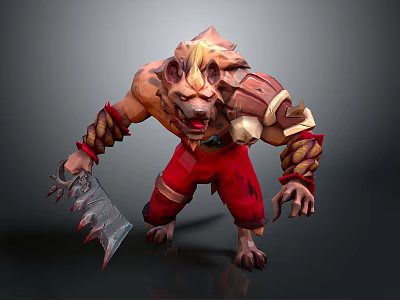 Muscular Mythical Beast Game Movie Character With Wolf Head Red Pants And Sharp Weapon 3d model