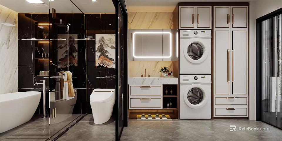 Modern Luxury Bathroom With Smart Toilet LED Vanity Mirror And Integrated Laundry Storage Cabinets 3d model 