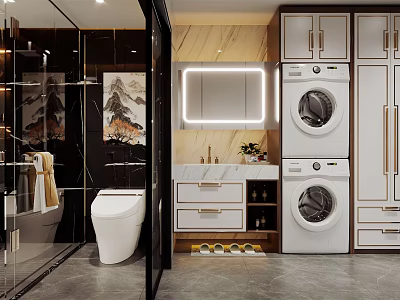 Modern Luxury Bathroom With Smart Toilet LED Vanity Mirror And Integrated Laundry Storage Cabinets 3d model