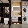 Modern Luxury Bathroom With Smart Toilet LED Vanity Mirror And Integrated Laundry Storage Cabinets