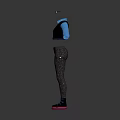 Fashionable Women's Outfit with Black Top Contrast Blue Sleeves Textured Dark Pants and Pink Shoes