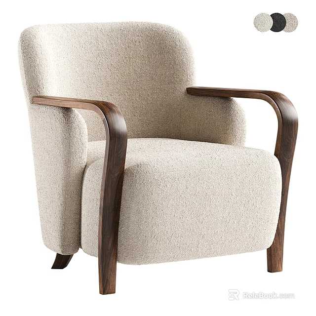 Beige Accent Chair With Soft Upholstered Fabric And Walnut Wooden Armrests Modern Design 3d model 