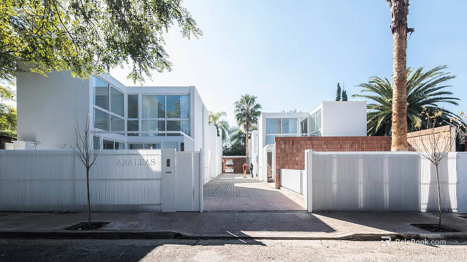 Modern Semi Detached Villa With White Exterior Palm Trees And Driveway 3d model 