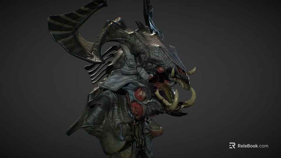 Mythical Creature Character With Intricate Horned Head Fangs And Red Organs In Detailed Fantasy Design 3d model 