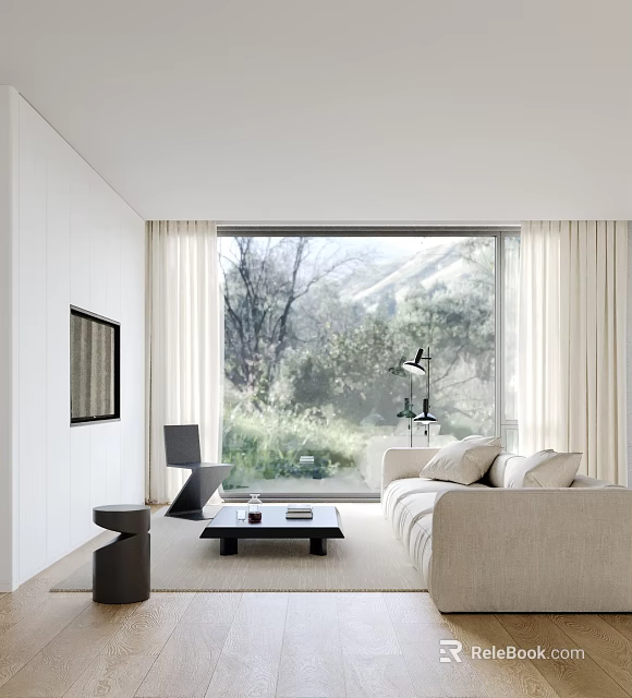 Modern Minimalist Living Room With Large Window Greenery View Beige Sofa And Black Coffee Table 3d model 