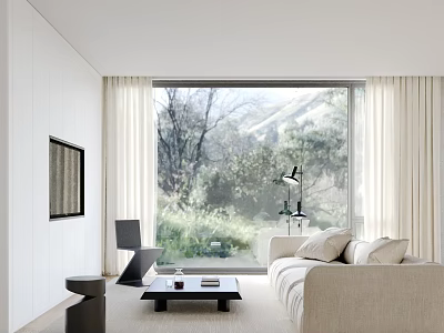 Modern Minimalist Living Room With Large Window Greenery View Beige Sofa And Black Coffee Table 3d model