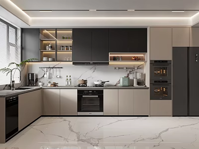 Modern Kitchen Interior Design With Gray Cabinets Marble Countertops Appliances And Open Shelves 3d model