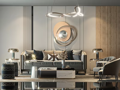 Modern Living Room Interior With Grey Sofa And Coffee Table Set Decorative Pillows Floor Lamps And Wall Mirror 3d model