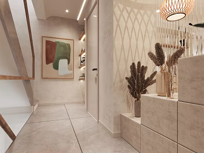 Modern Entryway Hallway Interior Design With Textured Walls Tile Flooring Artwork And Dried Plants 3d model