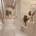 Modern Entryway Hallway Interior Design With Textured Walls Tile Flooring Artwork And Dried Plants