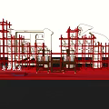 Red Scaffolding Structure With White Characters On Platform And Water Reflection At Dusk 3d model