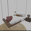 Hammock Bed with White Sheets Red Blanket Wooden Nightstand and Hanging Lamp on Round Rug