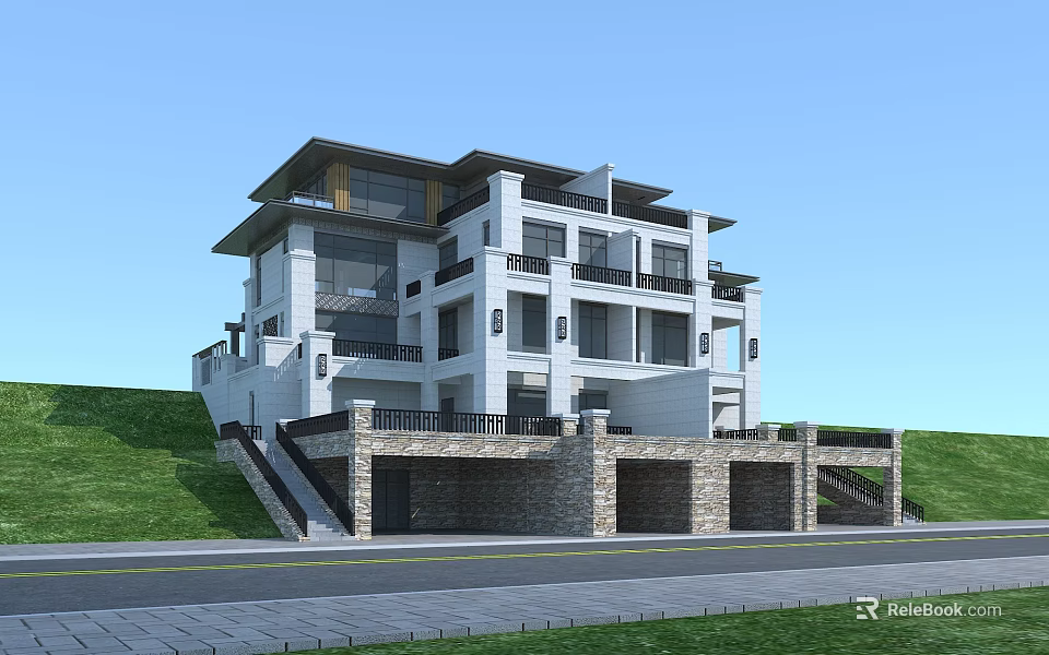Modern Style Duplex Villa With White Exterior And Stone Base On Slope Lawn 3d model 