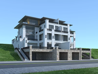 Modern Style Duplex Villa With White Exterior And Stone Base On Slope Lawn 3d model