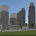 Modern Office Skyscrapers with Glass Curtain Walls in Urban Complex Near Greenery Road and Cars