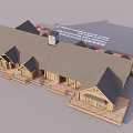 Log Cabin With Multiple Sloped Roofs Chimney And Wooden Deck With Red Umbrellas