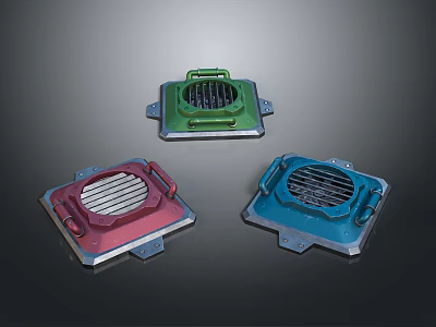 Three Colored Square Devices With Grilles And Handles For Equipment 3d model