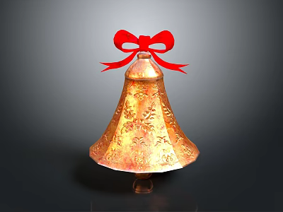 Golden Festive Bell Decoration With Red Bow And Engraved Patterns 3d model