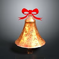 Golden Festive Bell Decoration With Red Bow And Engraved Patterns