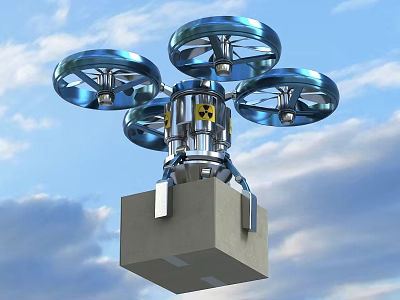 Flying Drone With Multiple Propellers Carrying Cardboard Box In Sky 3d model