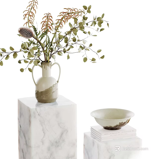 Vase with Flowers and Leaves on Marble Pedestal with Bowl on Stack of Books 3d model 