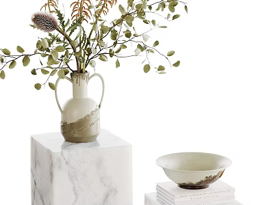 Vase with Flowers and Leaves on Marble Pedestal with Bowl on Stack of Books 3d model