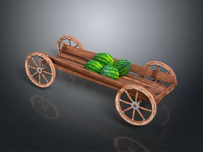 Rustic Vintage Wooden Cart With Spoked Wheels Carrying Fresh Green Watermelons 3d model