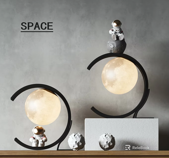 Astronaut Decorative Table Lamp With Moon Shaped Light And Black Curved Stand 3d model 