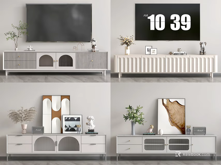 Modern TV Stand Designs With Arched Lattice Doors Potted Plants And Decorative Items 3d model 
