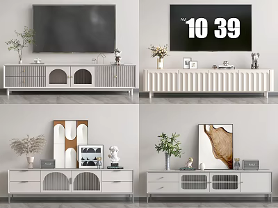 Modern TV Stand Designs With Arched Lattice Doors Potted Plants And Decorative Items 3d model