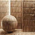Decorative Wooden Sphere Component With Textured Surface And Brick Wall 3d model