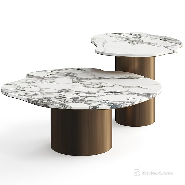 Elegant Modern Coffee Table Set With Marble Top And Cylindrical Metal Base 3d model