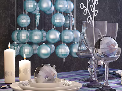 Elegant Tableware Set with Blue Decorative Balls Candles and Wine Glasses on Plaid Tablecloth 3d model